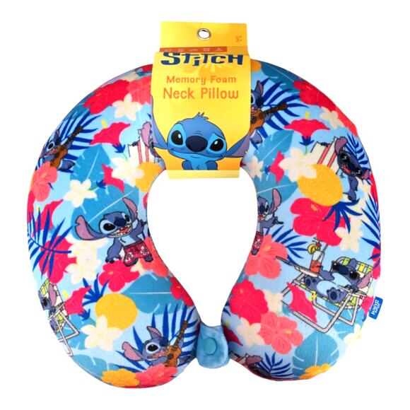 Disney Stitch Memory Foam Travel Neck Pillow Blue Floral U-Shaped Car Airplane - Picture 3 of 7